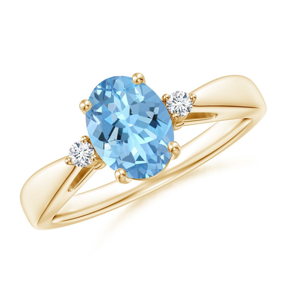 8x6mm AAAA Tapered Shank Aquamarine Solitaire Ring with Diamond Accents in Yellow Gold 