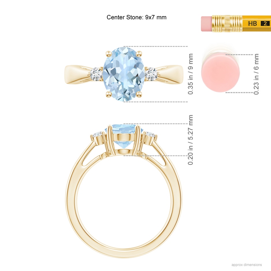 9x7mm AA Tapered Shank Aquamarine Solitaire Ring with Diamond Accents in 18K Yellow Gold ruler