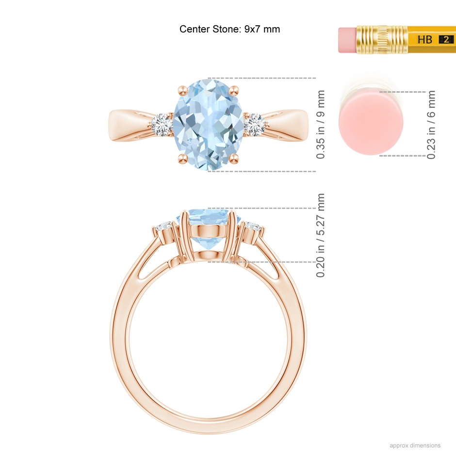 9x7mm AA Tapered Shank Aquamarine Solitaire Ring with Diamond Accents in Rose Gold ruler