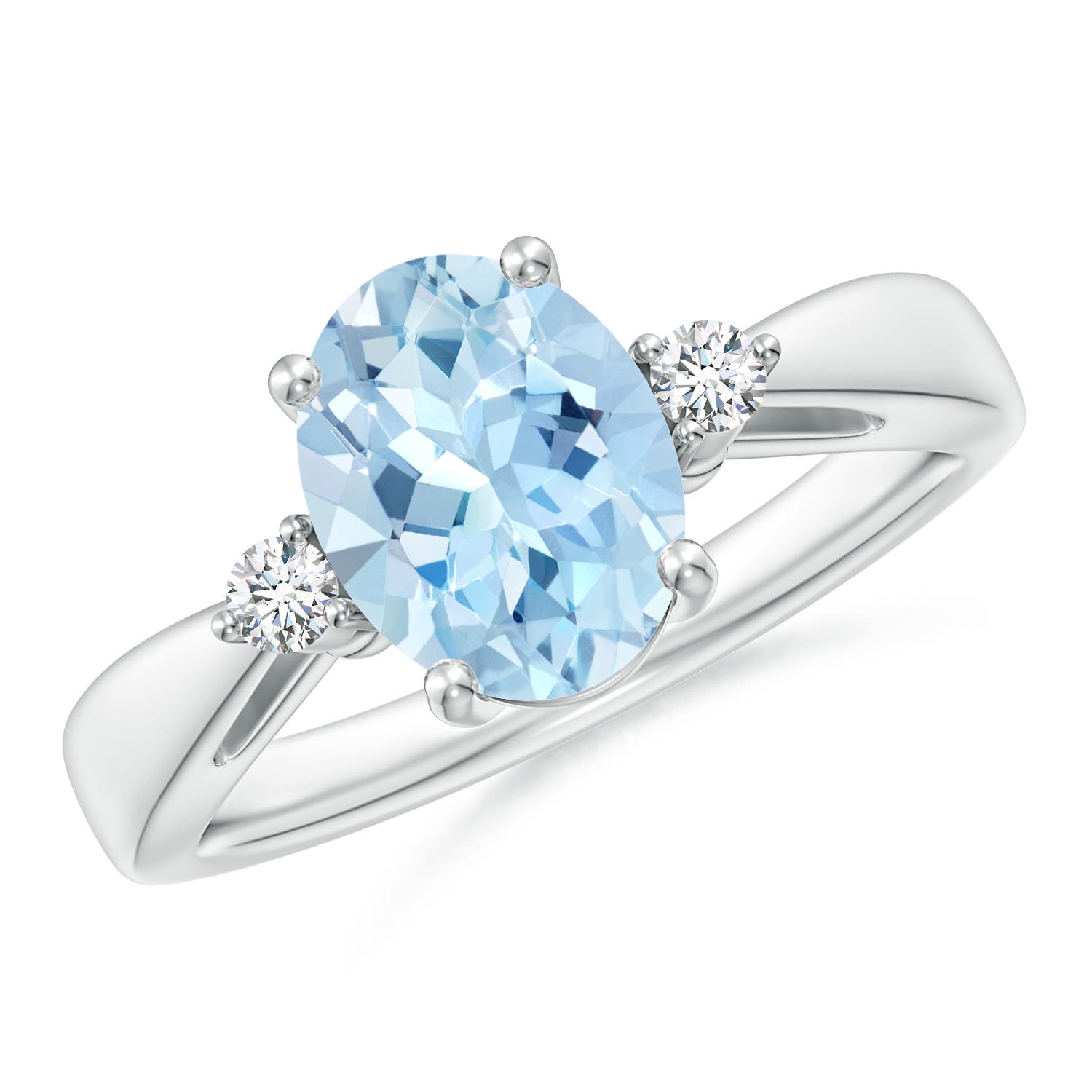 9x7mm AAA Tapered Shank Aquamarine Solitaire Ring with Diamond Accents in 18CT White Gold