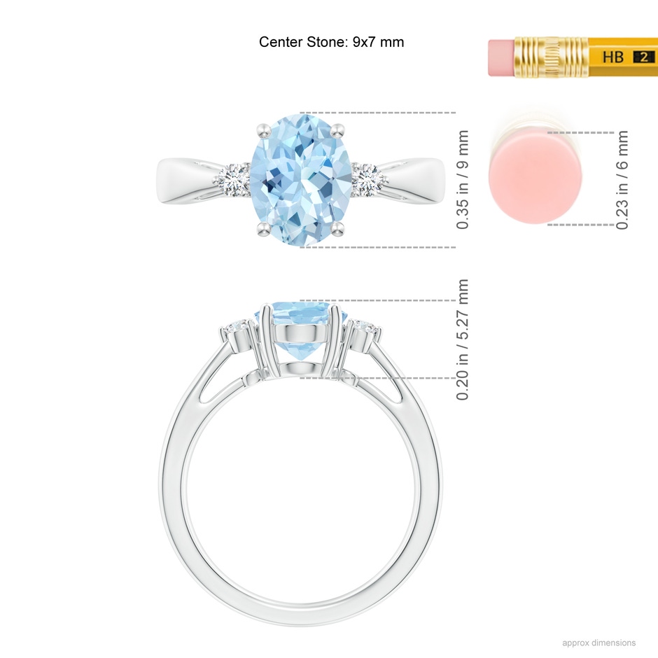 9x7mm AAA Tapered Shank Aquamarine Solitaire Ring with Diamond Accents in 18K White Gold ruler