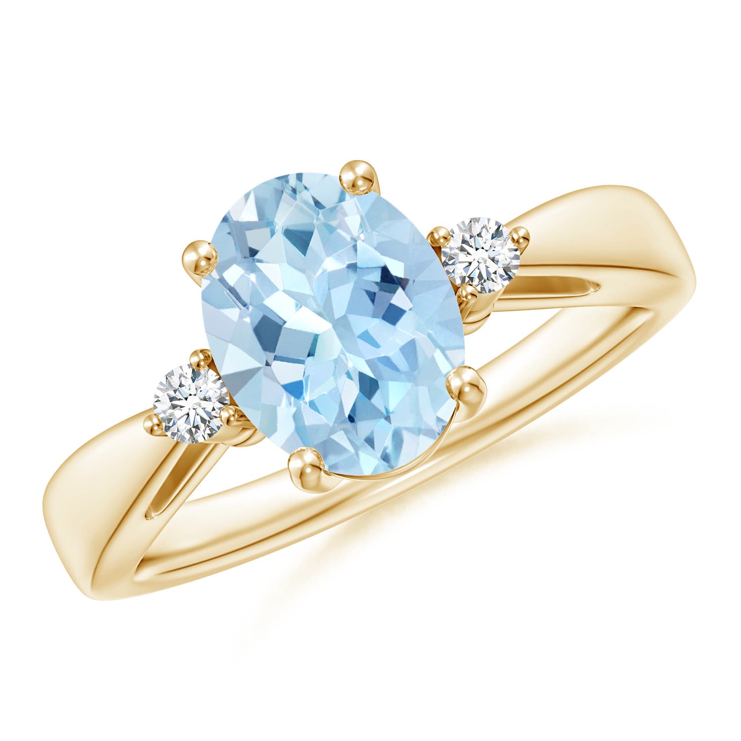 9x7mm AAA Tapered Shank Aquamarine Solitaire Ring with Diamond Accents in 18K Yellow Gold