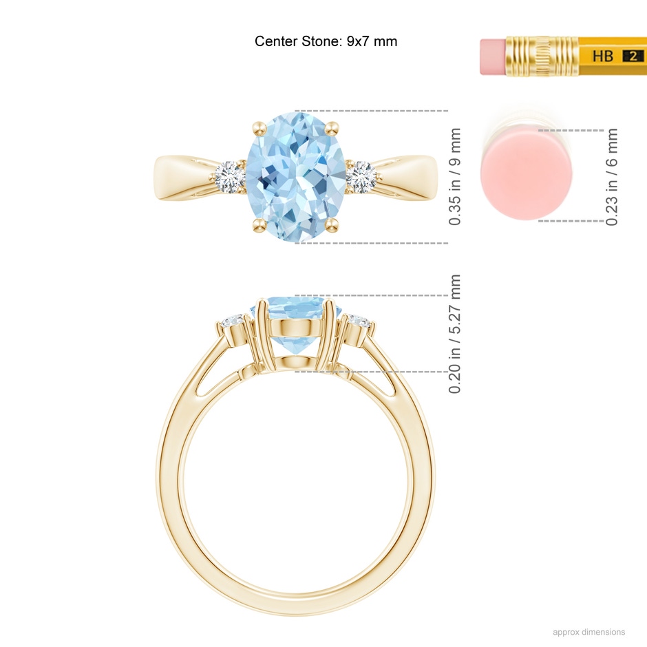 9x7mm AAA Tapered Shank Aquamarine Solitaire Ring with Diamond Accents in 18K Yellow Gold ruler