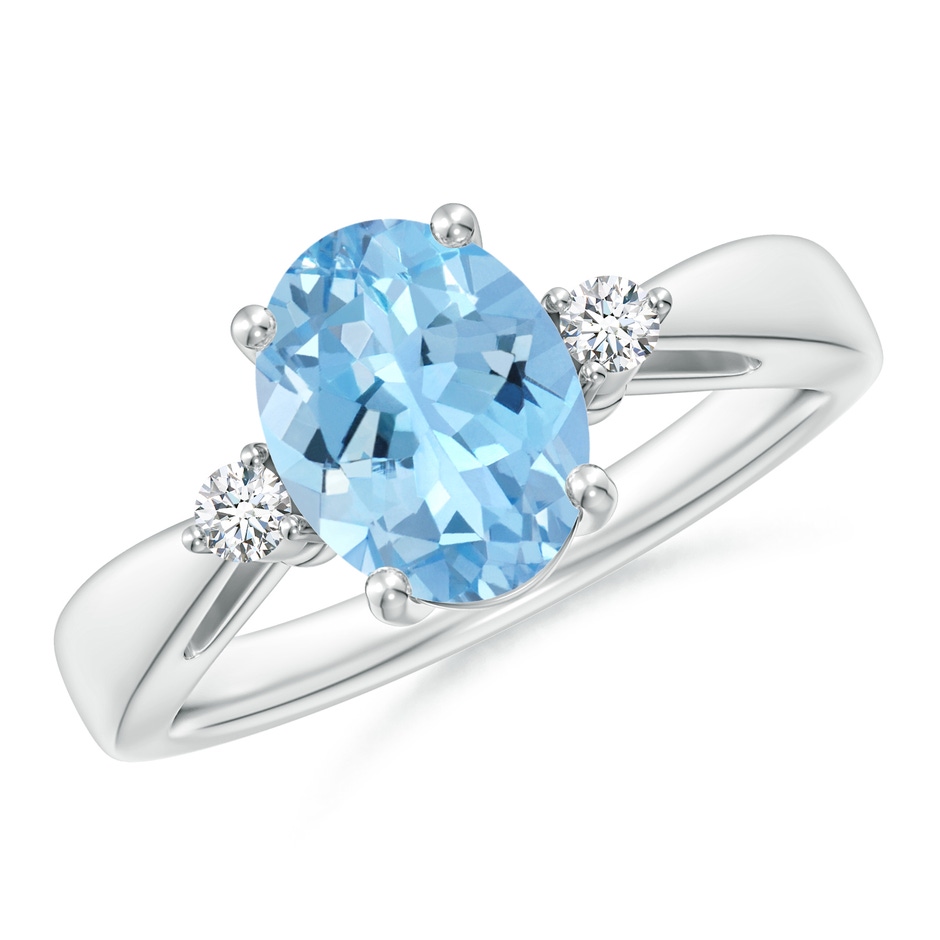 9x7mm AAAA Tapered Shank Aquamarine Solitaire Ring with Diamond Accents in 18K White Gold 