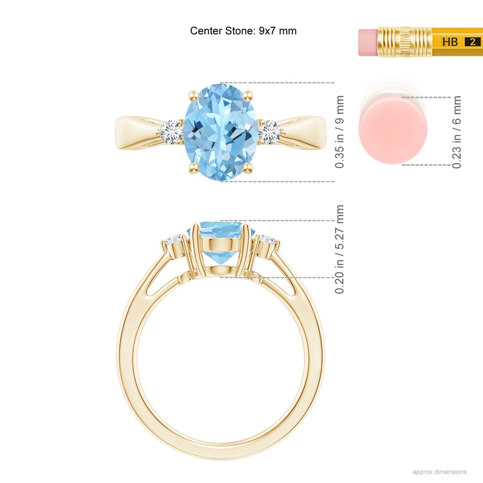 9x7mm AAAA Tapered Shank Aquamarine Solitaire Ring with Diamond Accents in 18K Yellow Gold ruler