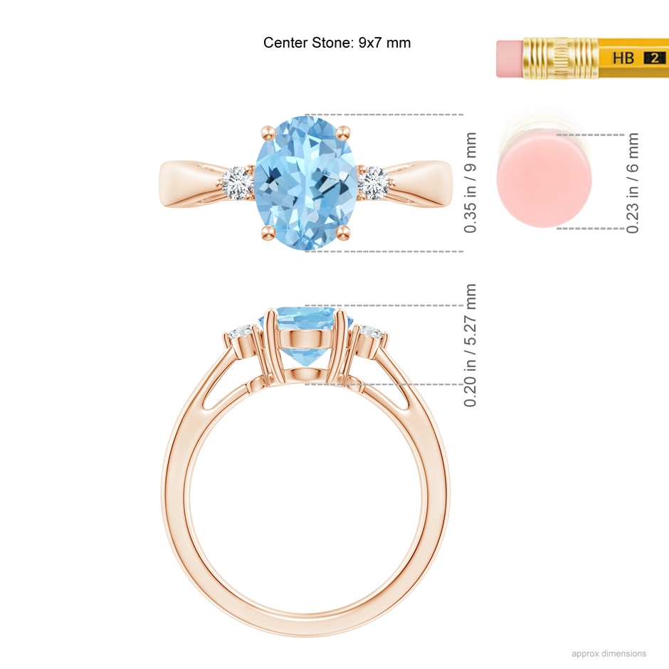 9x7mm AAAA Tapered Shank Aquamarine Solitaire Ring with Diamond Accents in Rose Gold ruler