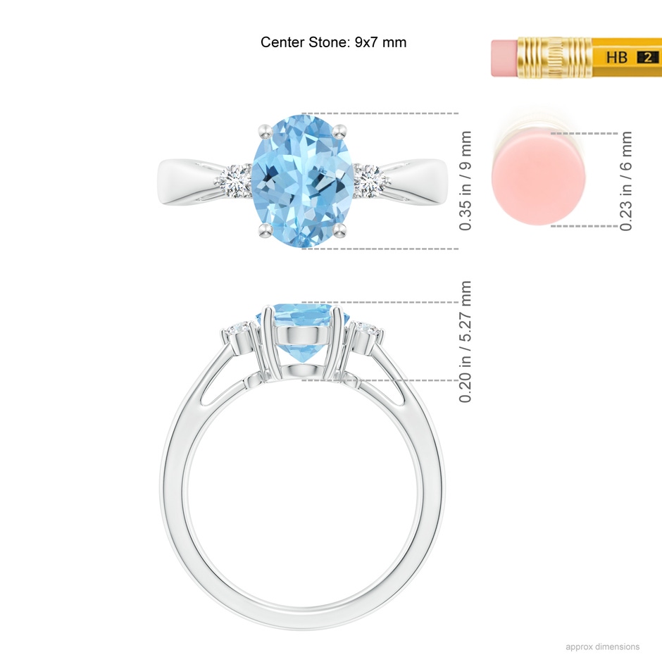 9x7mm AAAA Tapered Shank Aquamarine Solitaire Ring with Diamond Accents in White Gold ruler