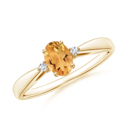 6x4mm A Tapered Shank Citrine Solitaire Ring with Diamond Accents in Yellow Gold