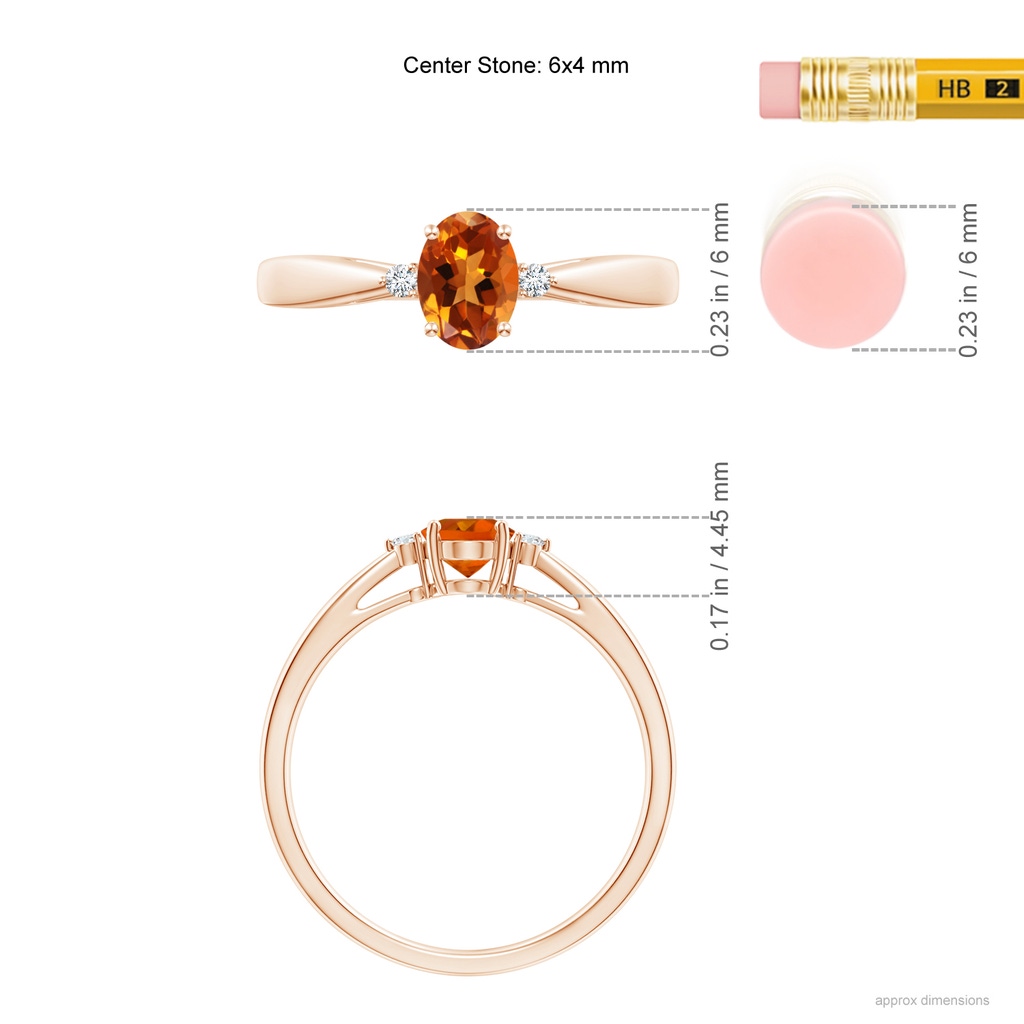 6x4mm AAAA Tapered Shank Citrine Solitaire Ring with Diamond Accents in Rose Gold Ruler