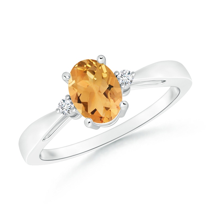 7x5mm A Tapered Shank Citrine Solitaire Ring with Diamond Accents in 9K White Gold 