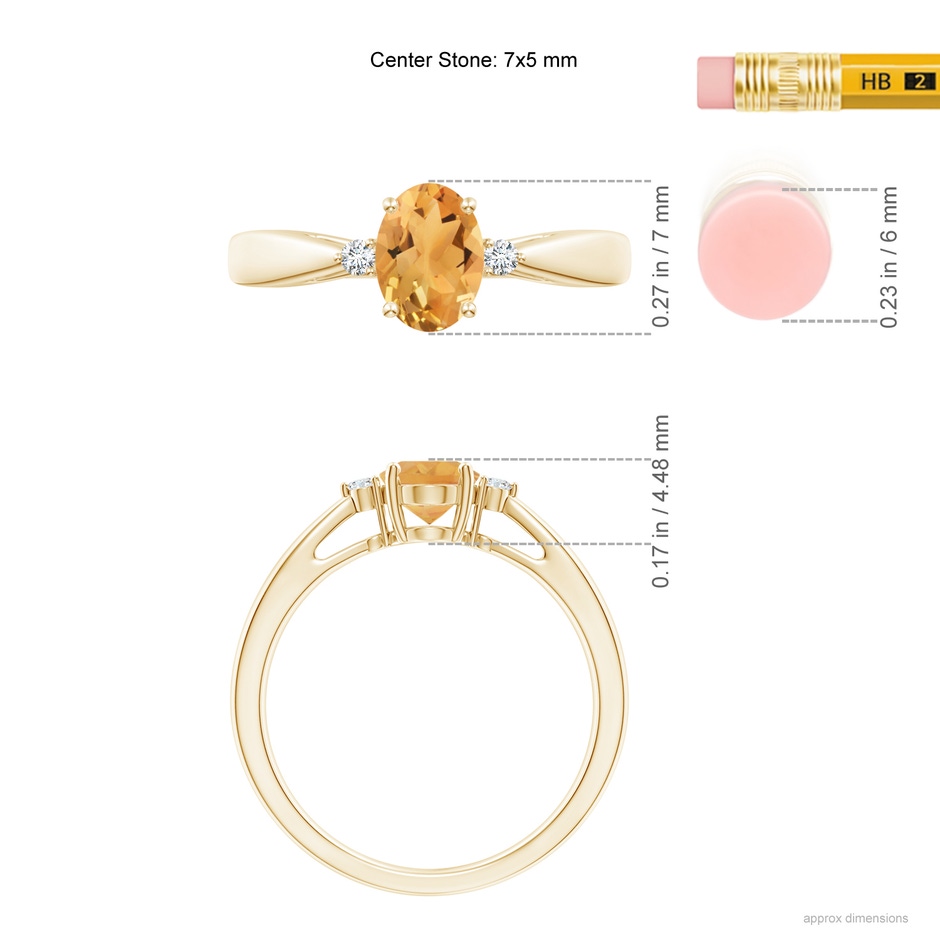 7x5mm A Tapered Shank Citrine Solitaire Ring with Diamond Accents in Yellow Gold ruler
