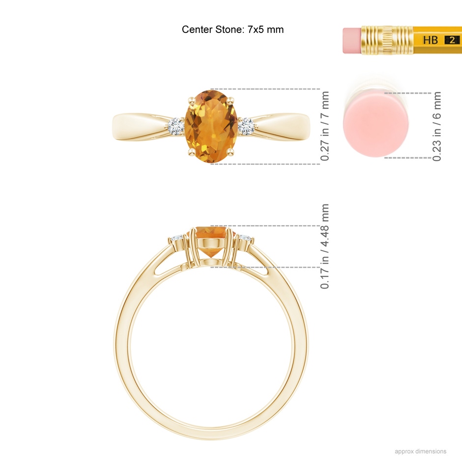7x5mm AA Tapered Shank Citrine Solitaire Ring with Diamond Accents in Yellow Gold ruler