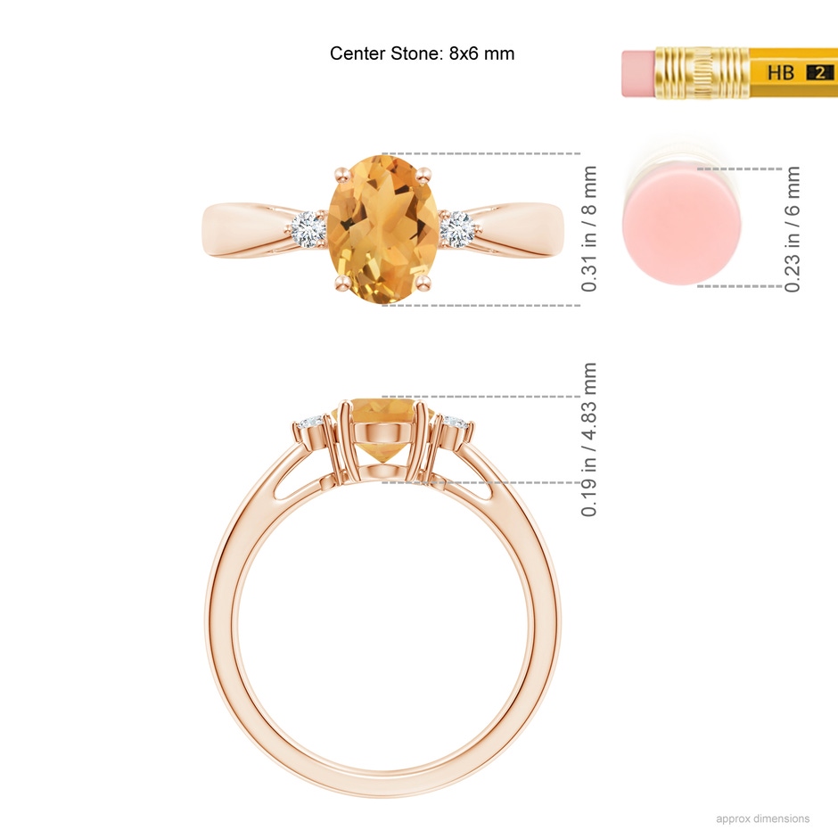 8x6mm A Tapered Shank Citrine Solitaire Ring with Diamond Accents in Rose Gold ruler