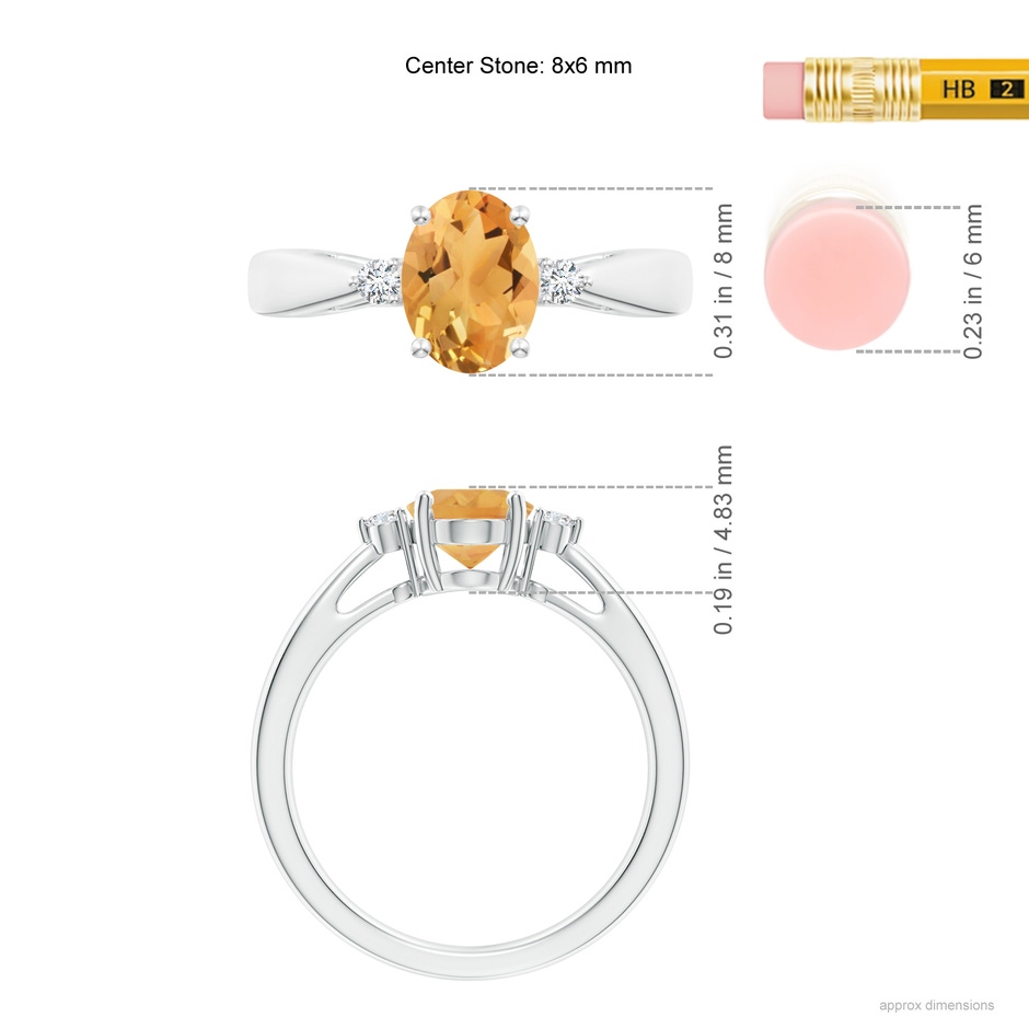 8x6mm A Tapered Shank Citrine Solitaire Ring with Diamond Accents in White Gold ruler