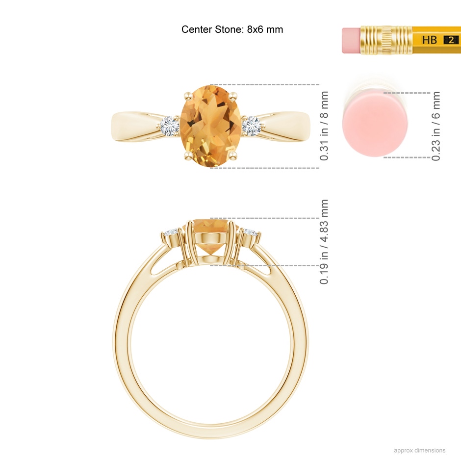 8x6mm A Tapered Shank Citrine Solitaire Ring with Diamond Accents in Yellow Gold ruler
