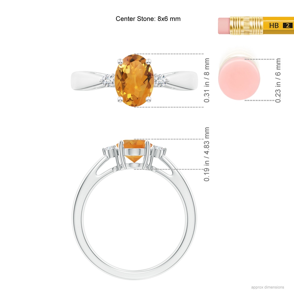 8x6mm AA Tapered Shank Citrine Solitaire Ring with Diamond Accents in White Gold ruler
