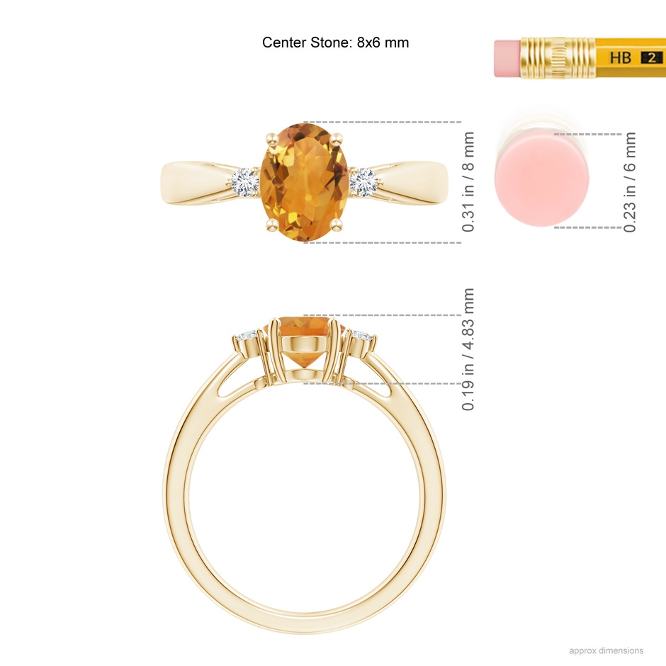 8x6mm AA Tapered Shank Citrine Solitaire Ring with Diamond Accents in Yellow Gold ruler