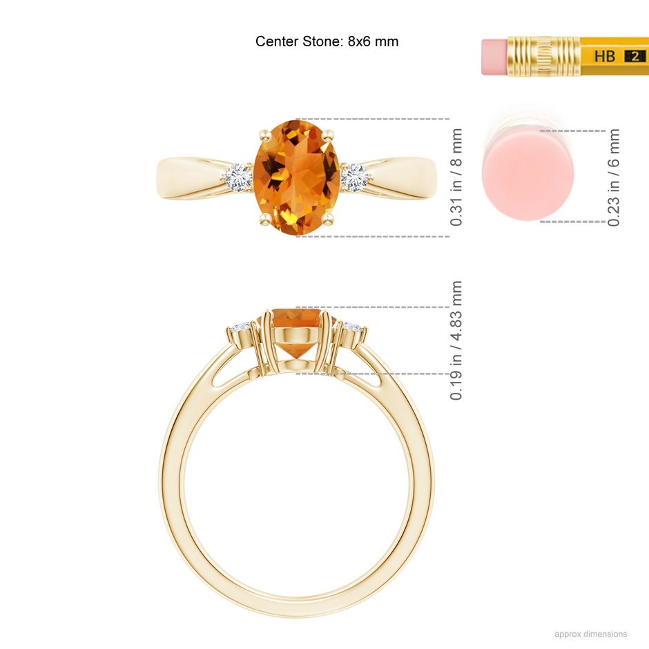 8x6mm AAA Tapered Shank Citrine Solitaire Ring with Diamond Accents in Yellow Gold ruler