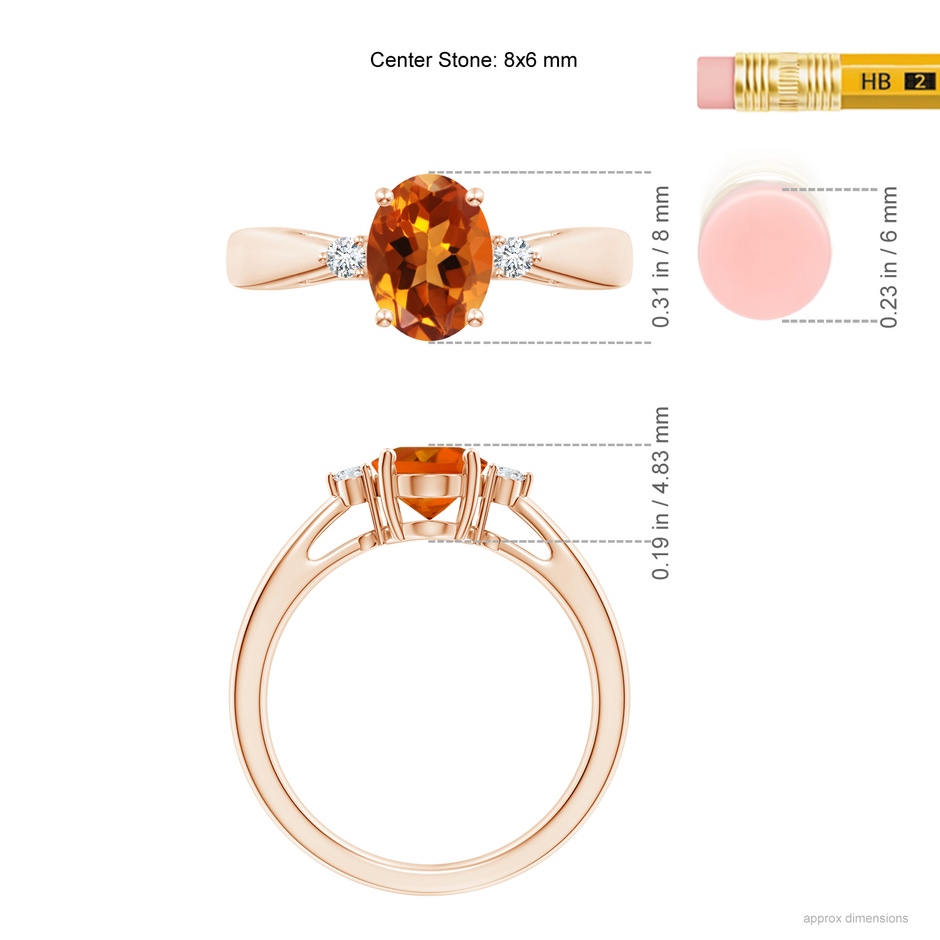 8x6mm AAAA Tapered Shank Citrine Solitaire Ring with Diamond Accents in Rose Gold ruler