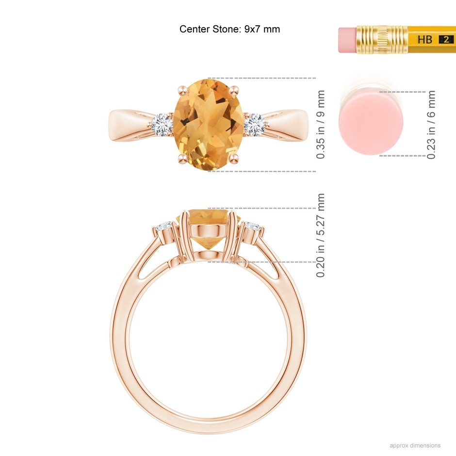 9x7mm A Tapered Shank Citrine Solitaire Ring with Diamond Accents in Rose Gold ruler