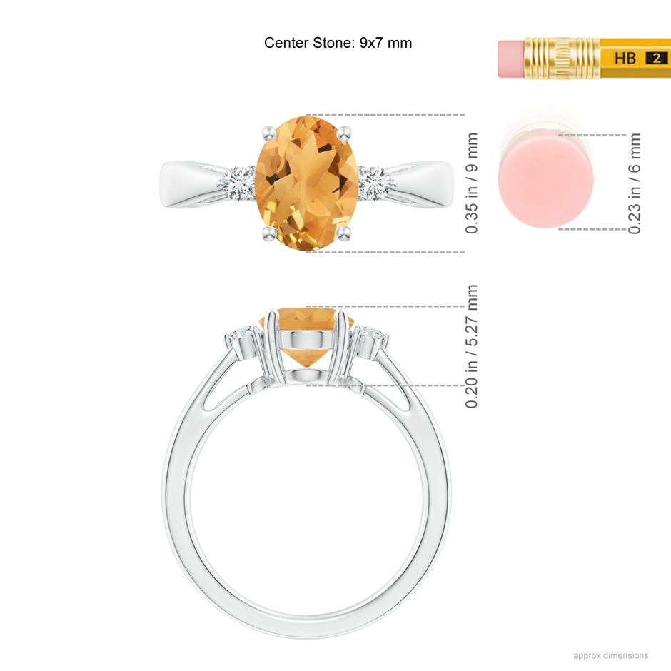 9x7mm A Tapered Shank Citrine Solitaire Ring with Diamond Accents in White Gold ruler