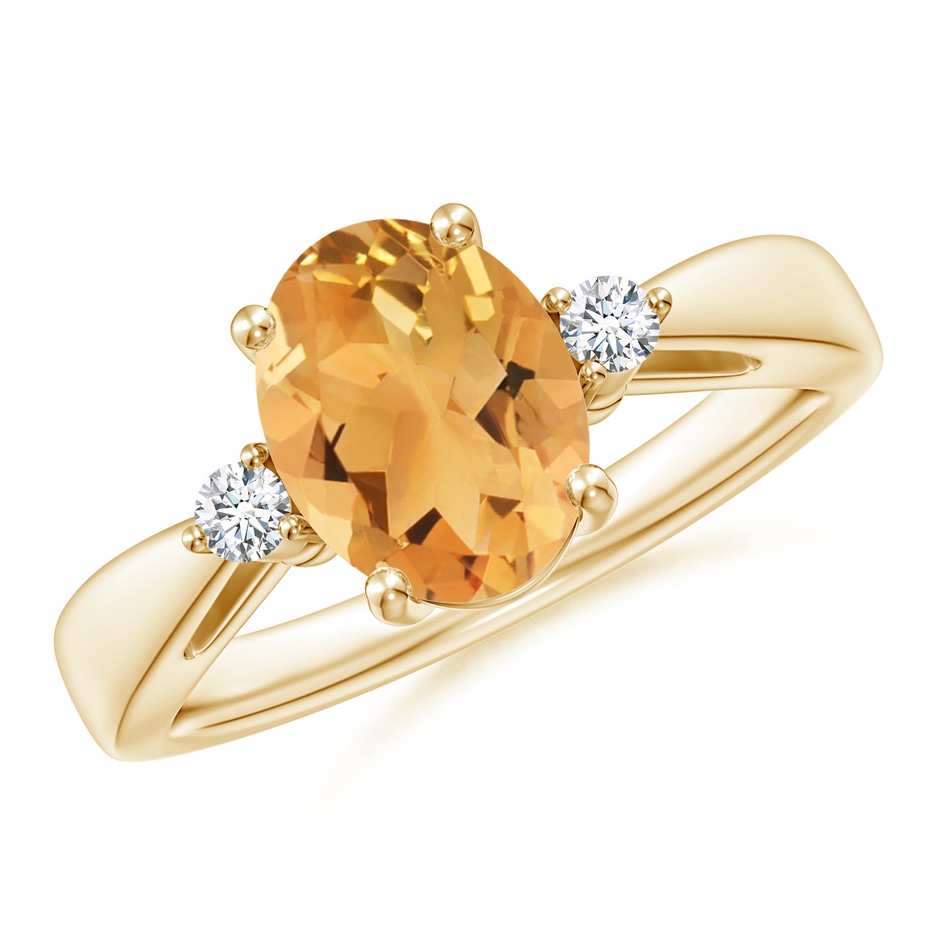 9x7mm A Tapered Shank Citrine Solitaire Ring with Diamond Accents in Yellow Gold 