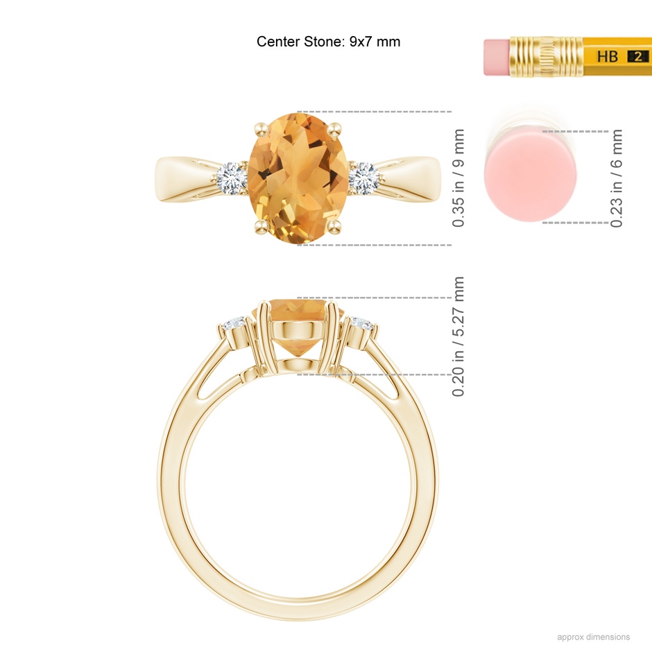 9x7mm A Tapered Shank Citrine Solitaire Ring with Diamond Accents in Yellow Gold ruler