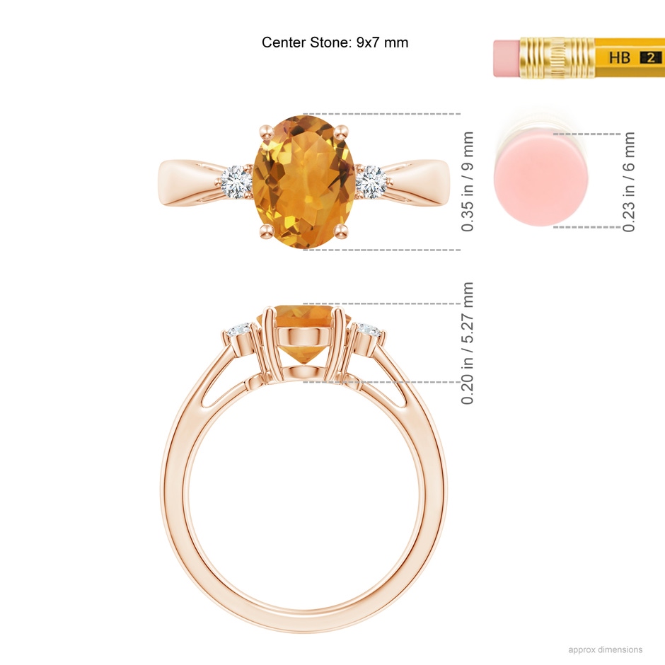 9x7mm AA Tapered Shank Citrine Solitaire Ring with Diamond Accents in Rose Gold ruler