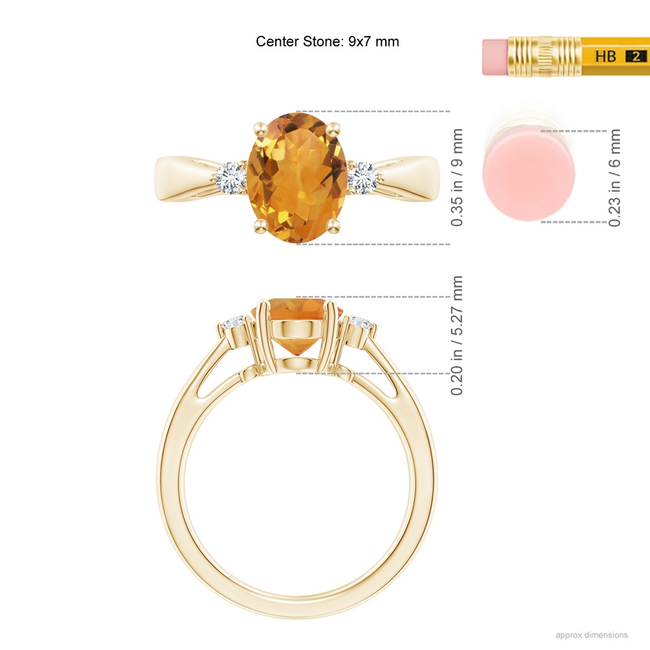 9x7mm AA Tapered Shank Citrine Solitaire Ring with Diamond Accents in Yellow Gold ruler