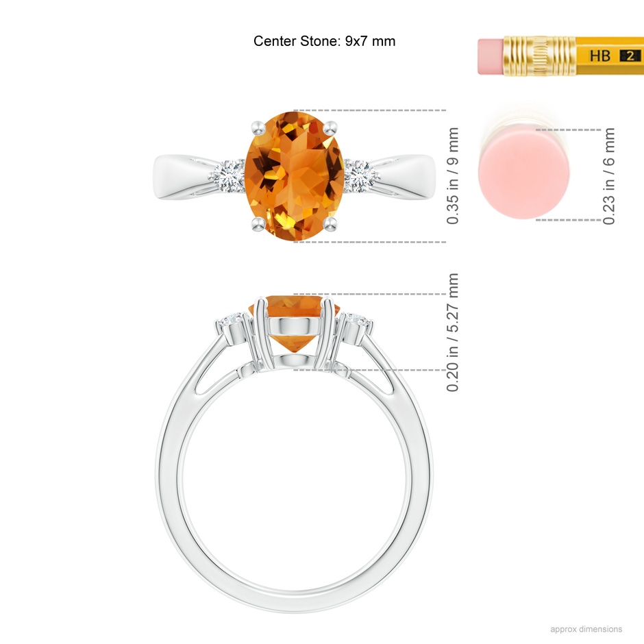 9x7mm AAA Tapered Shank Citrine Solitaire Ring with Diamond Accents in White Gold ruler