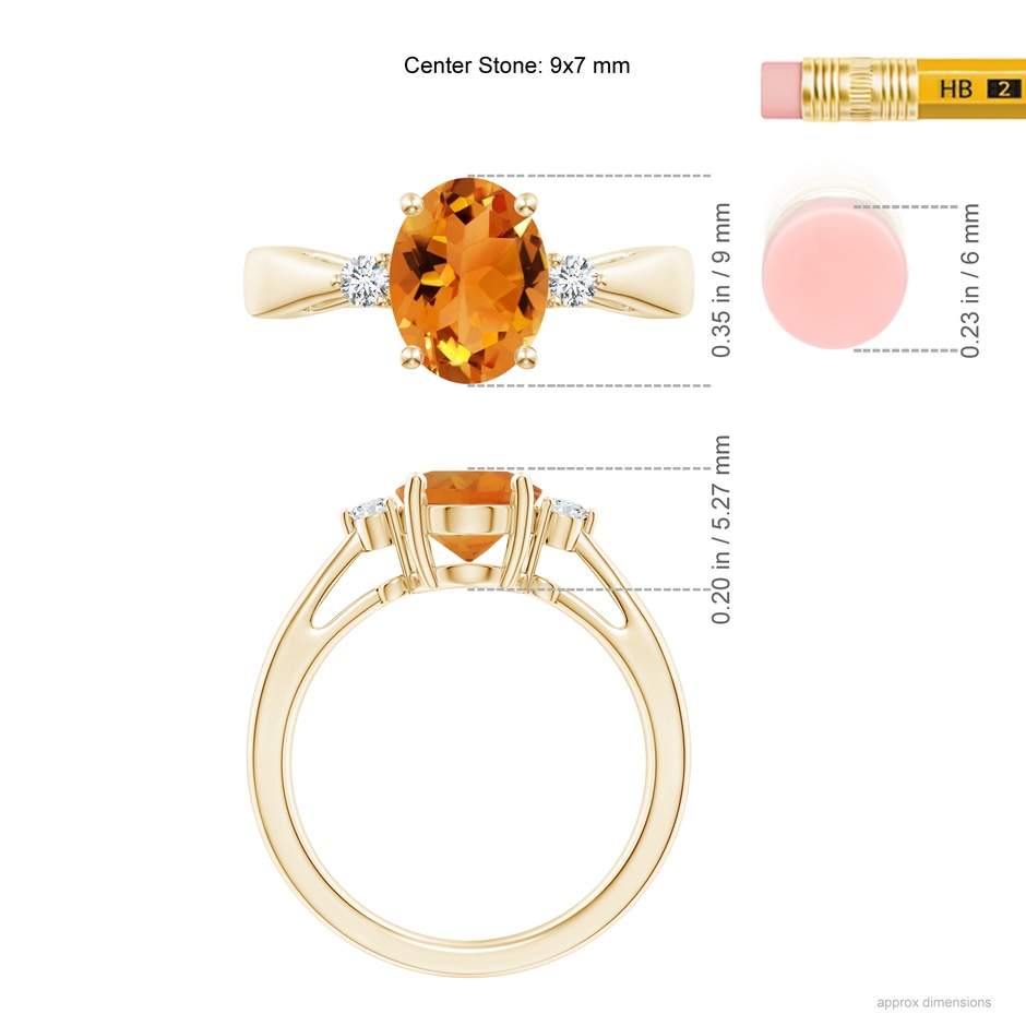 9x7mm AAA Tapered Shank Citrine Solitaire Ring with Diamond Accents in Yellow Gold ruler