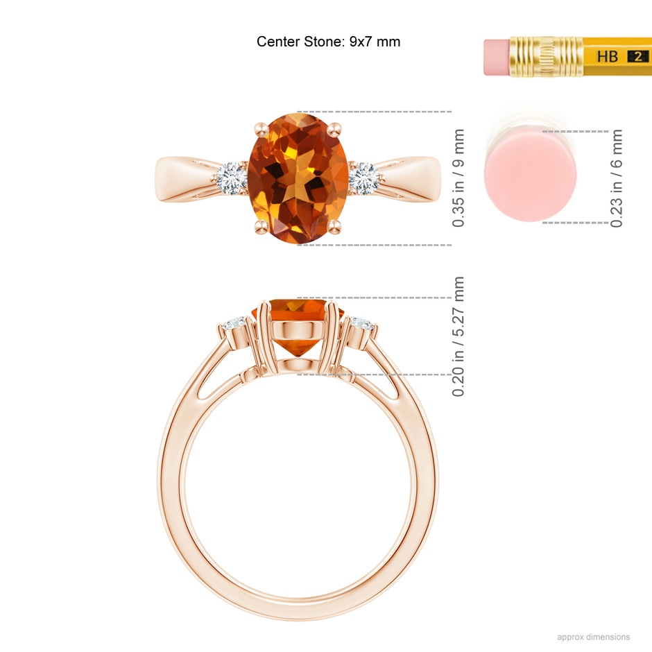 9x7mm AAAA Tapered Shank Citrine Solitaire Ring with Diamond Accents in Rose Gold ruler