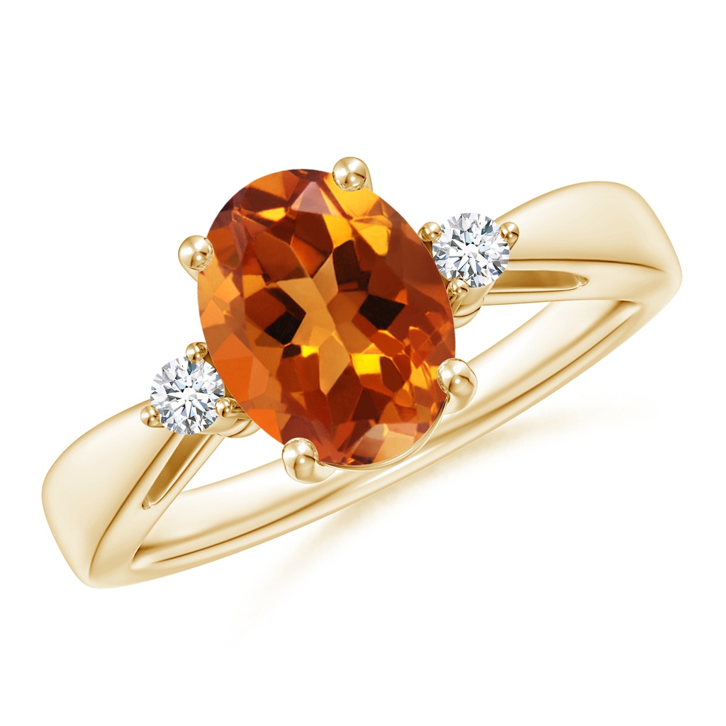 9x7mm AAAA Tapered Shank Citrine Solitaire Ring with Diamond Accents in Yellow Gold