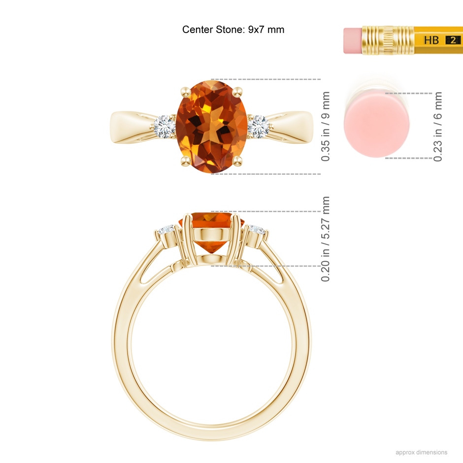 9x7mm AAAA Tapered Shank Citrine Solitaire Ring with Diamond Accents in Yellow Gold ruler