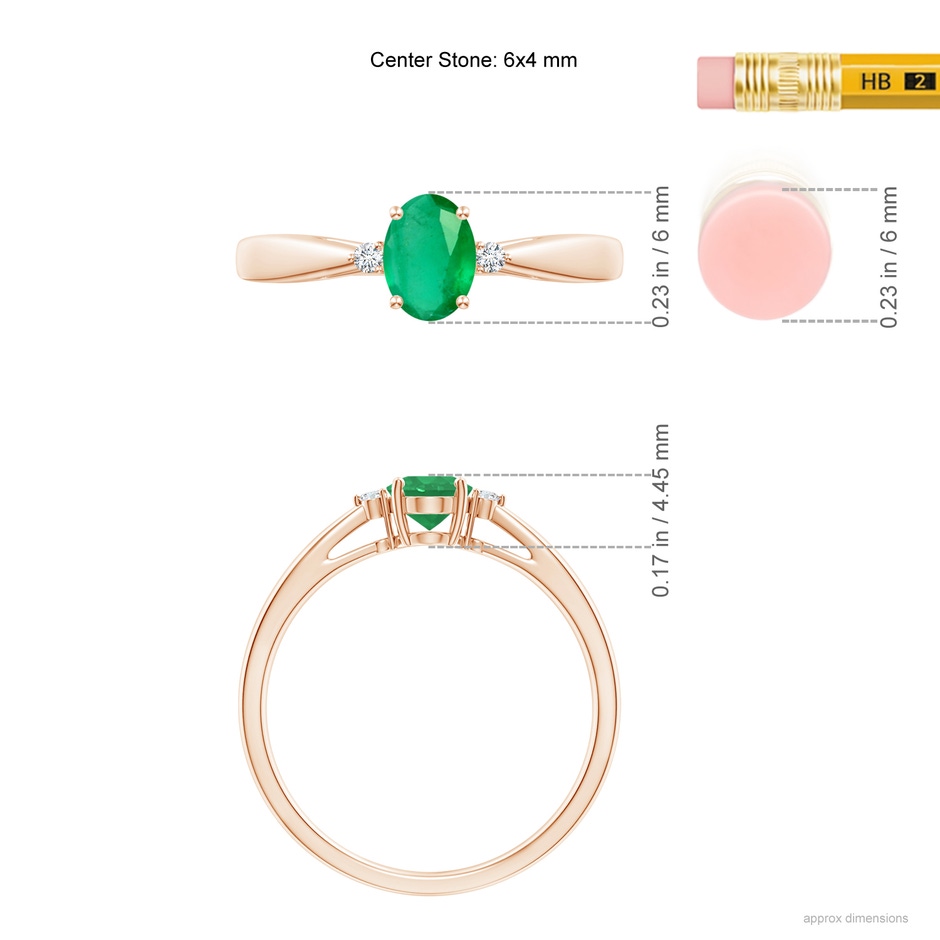 6x4mm A Tapered Shank Emerald Solitaire Ring with Diamond Accents in Rose Gold ruler