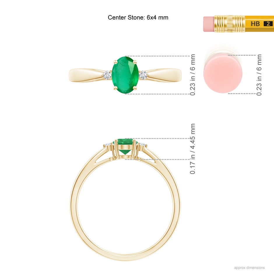 6x4mm A Tapered Shank Emerald Solitaire Ring with Diamond Accents in Yellow Gold ruler