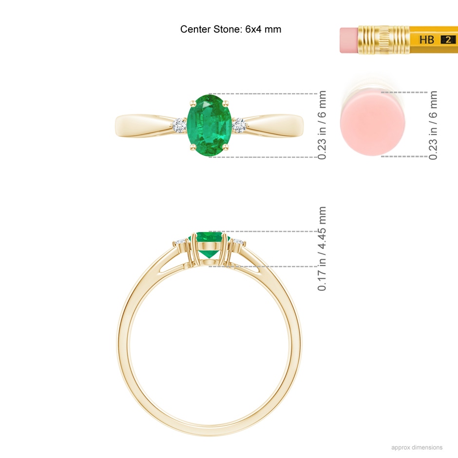 6x4mm AA Tapered Shank Emerald Solitaire Ring with Diamond Accents in Yellow Gold ruler