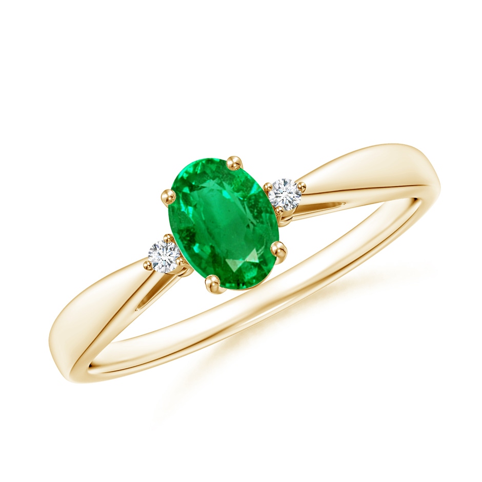 6x4mm AAA Tapered Shank Emerald Solitaire Ring with Diamond Accents in Yellow Gold 