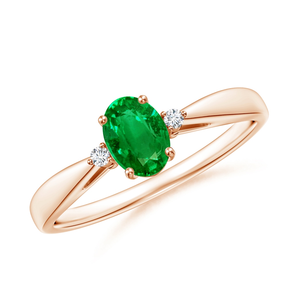 6x4mm AAAA Tapered Shank Emerald Solitaire Ring with Diamond Accents in Rose Gold