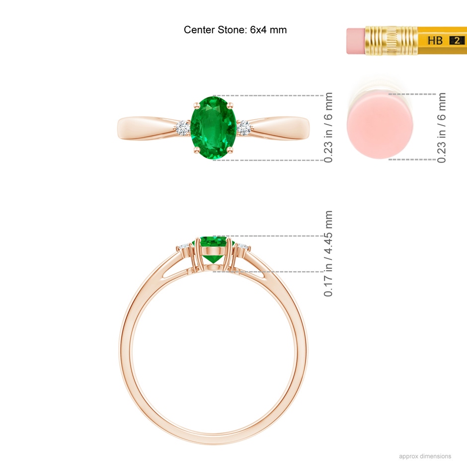 6x4mm AAAA Tapered Shank Emerald Solitaire Ring with Diamond Accents in Rose Gold ruler