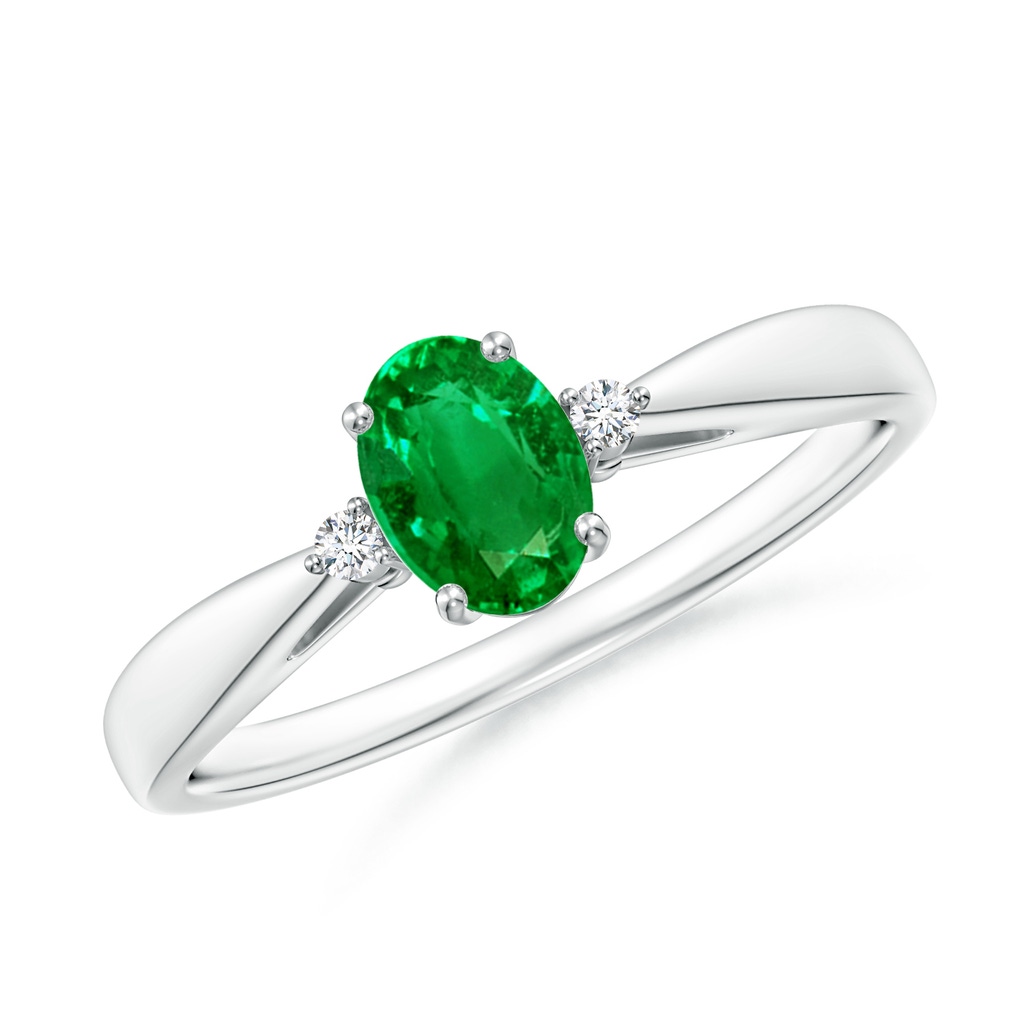 6x4mm AAAA Tapered Shank Emerald Solitaire Ring with Diamond Accents in White Gold