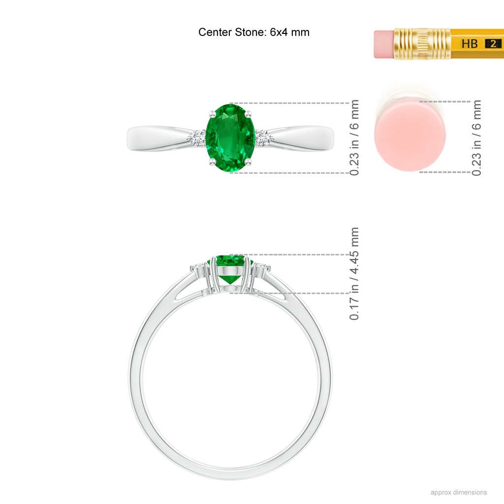 6x4mm AAAA Tapered Shank Emerald Solitaire Ring with Diamond Accents in White Gold Ruler