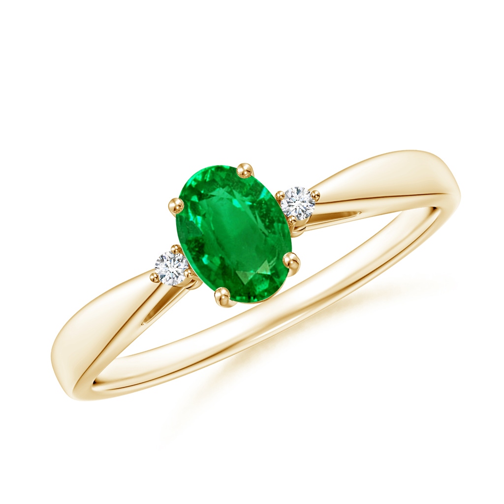 6x4mm AAAA Tapered Shank Emerald Solitaire Ring with Diamond Accents in Yellow Gold