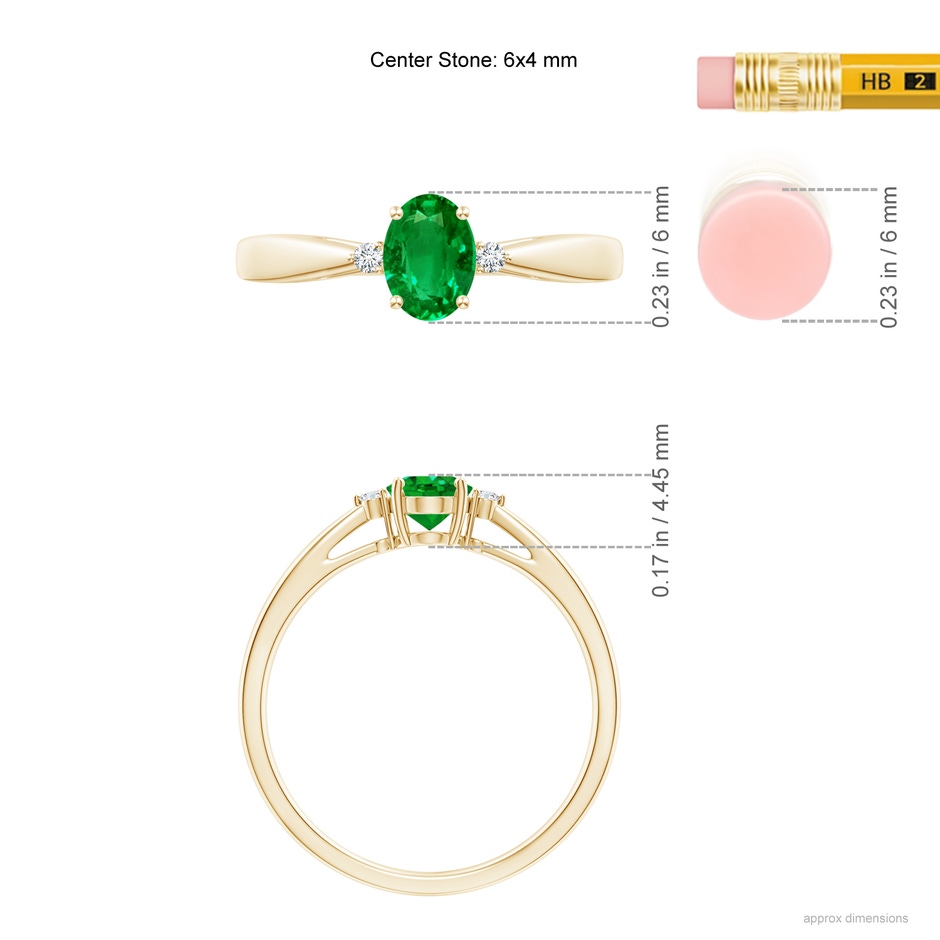 6x4mm AAAA Tapered Shank Emerald Solitaire Ring with Diamond Accents in Yellow Gold ruler