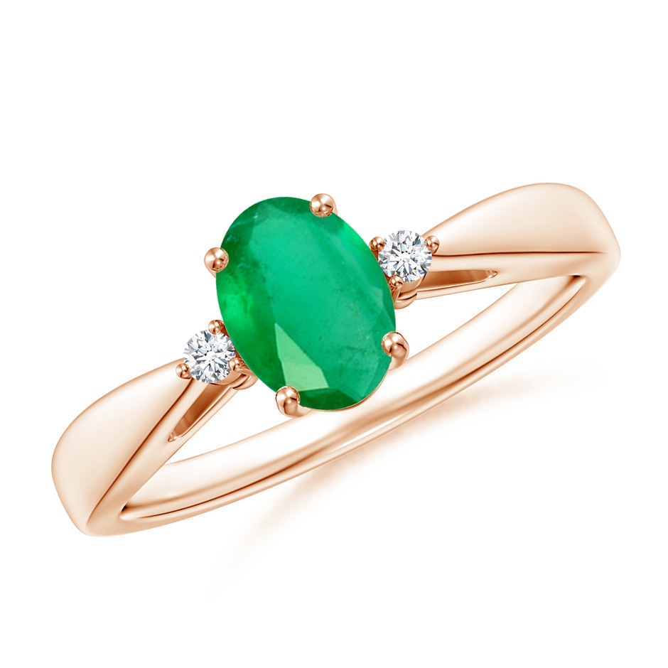 7x5mm A Tapered Shank Emerald Solitaire Ring with Diamond Accents in Rose Gold 