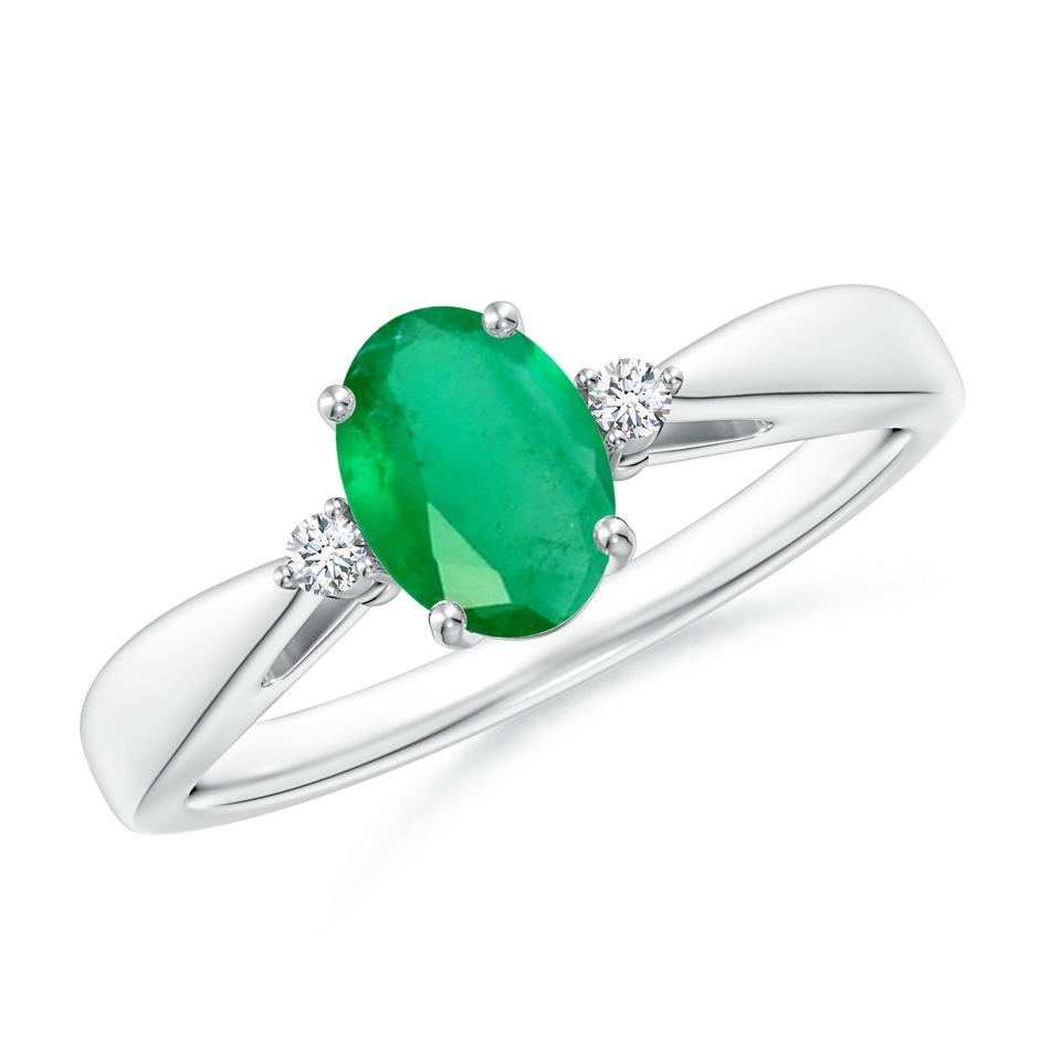 7x5mm A Tapered Shank Emerald Solitaire Ring with Diamond Accents in White Gold 