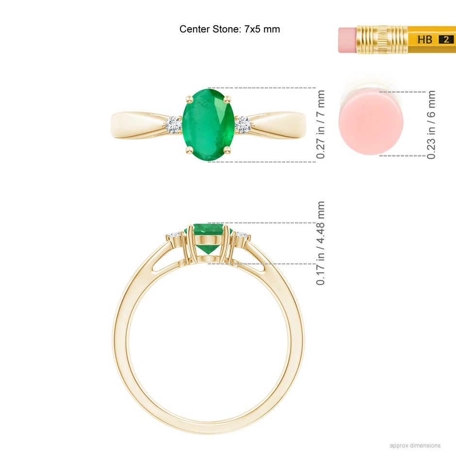 7x5mm A Tapered Shank Emerald Solitaire Ring with Diamond Accents in Yellow Gold ruler