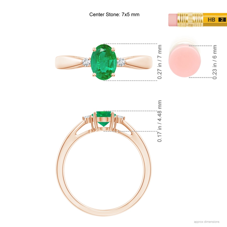7x5mm AA Tapered Shank Emerald Solitaire Ring with Diamond Accents in Rose Gold ruler