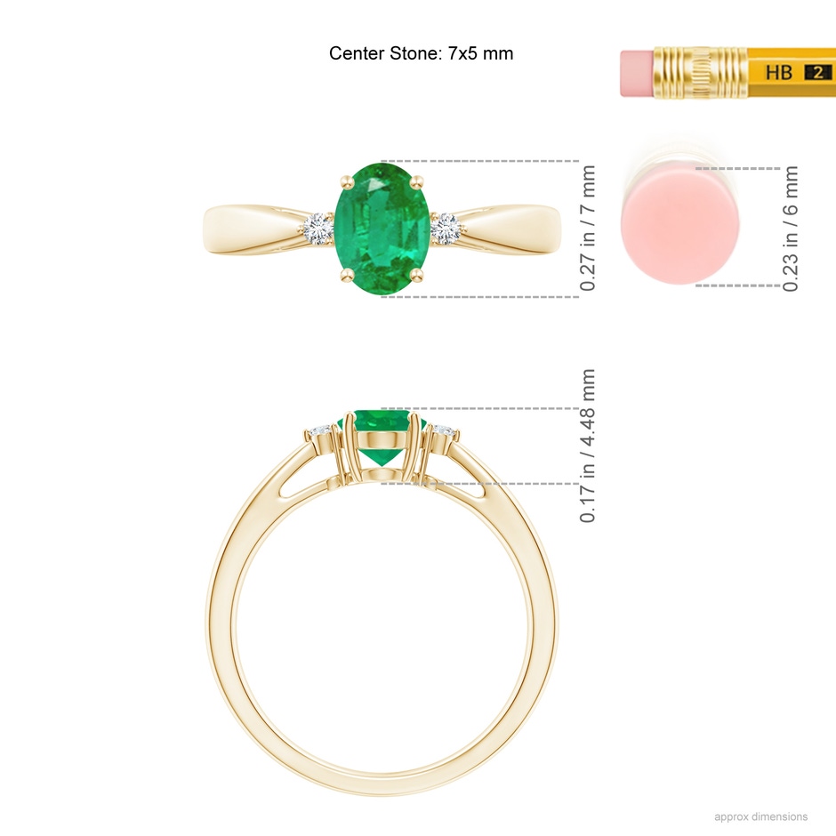 7x5mm AA Tapered Shank Emerald Solitaire Ring with Diamond Accents in Yellow Gold ruler