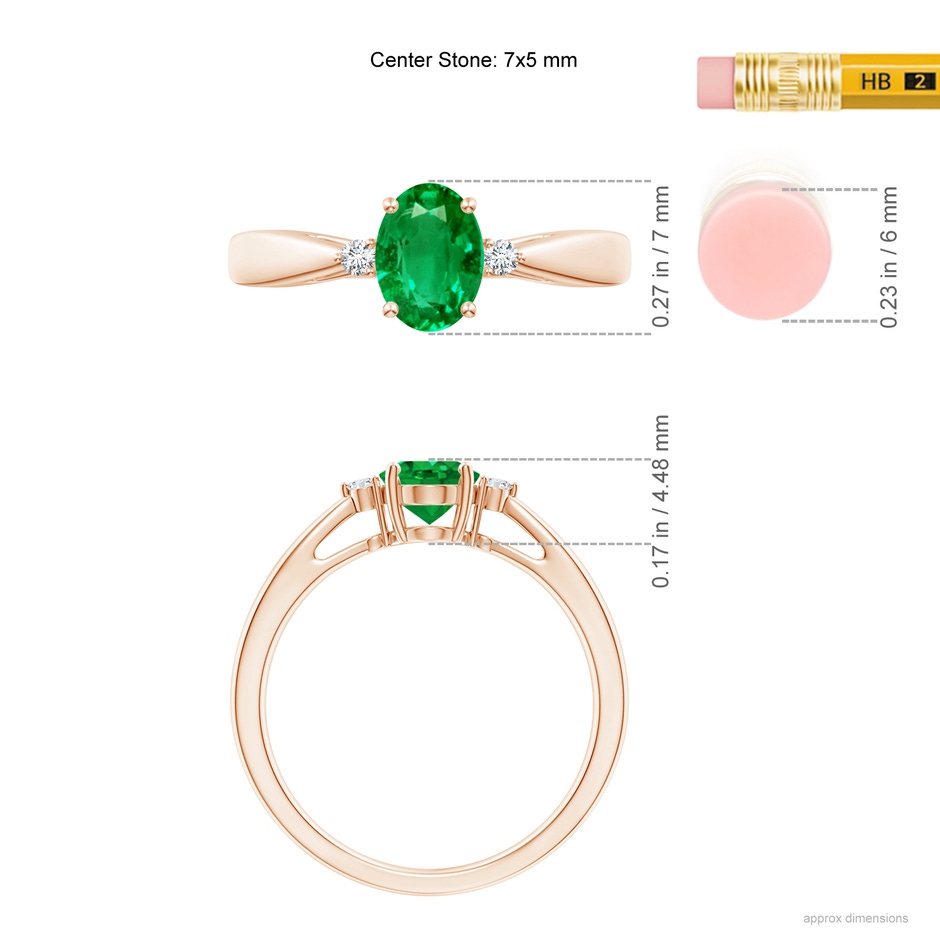 7x5mm AAA Tapered Shank Emerald Solitaire Ring with Diamond Accents in Rose Gold ruler
